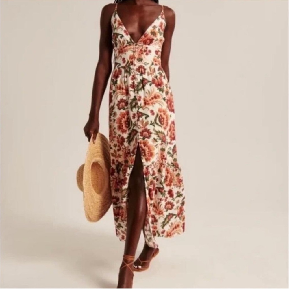ABERCROMBIE & FITCH Linen Blend Floral Button Through Maxi Dress Ivory S